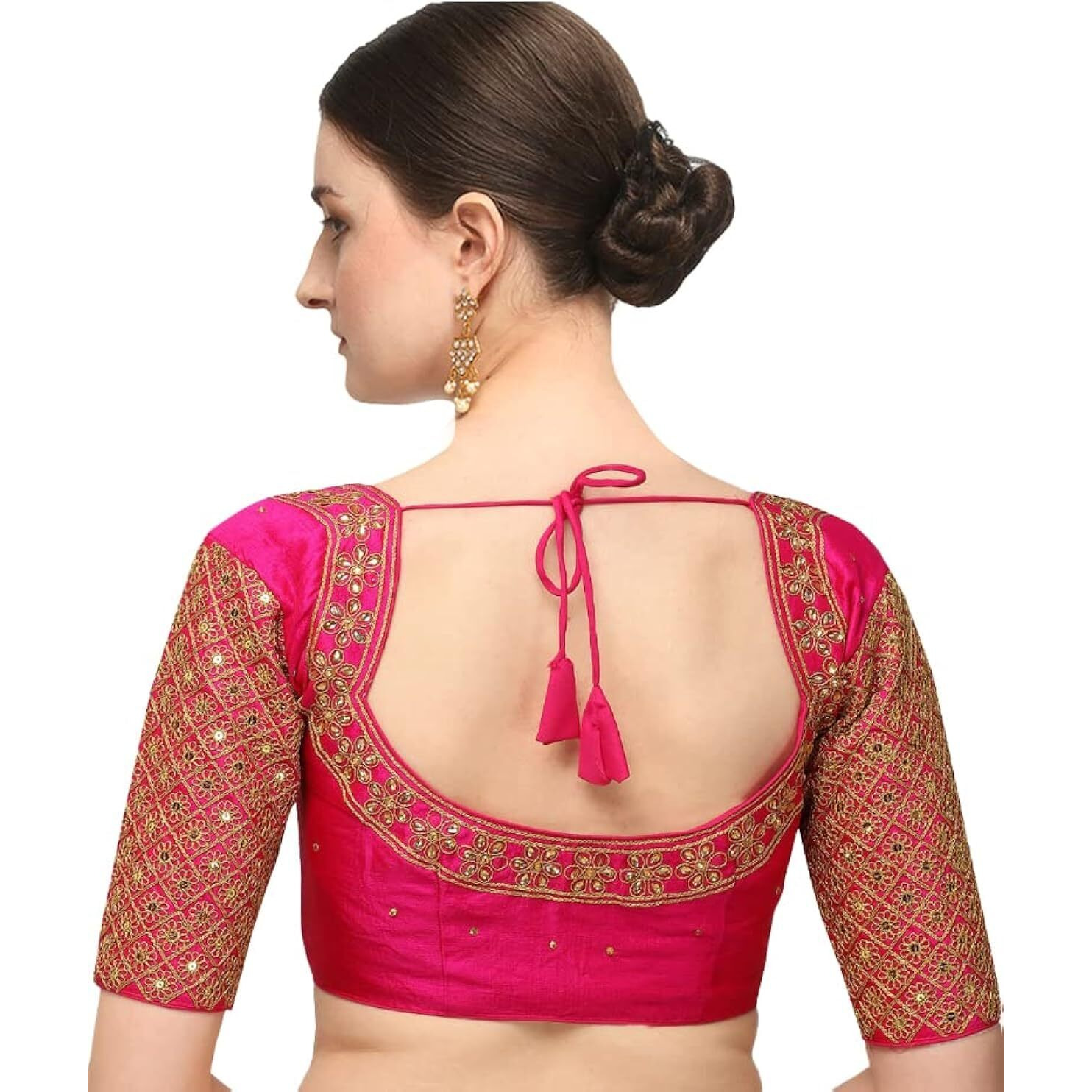Pujia Mills Women's Embroidery Handwork Sequence Work Necklace Design Readymade Half Sleeve Blouse (Pink, 34)