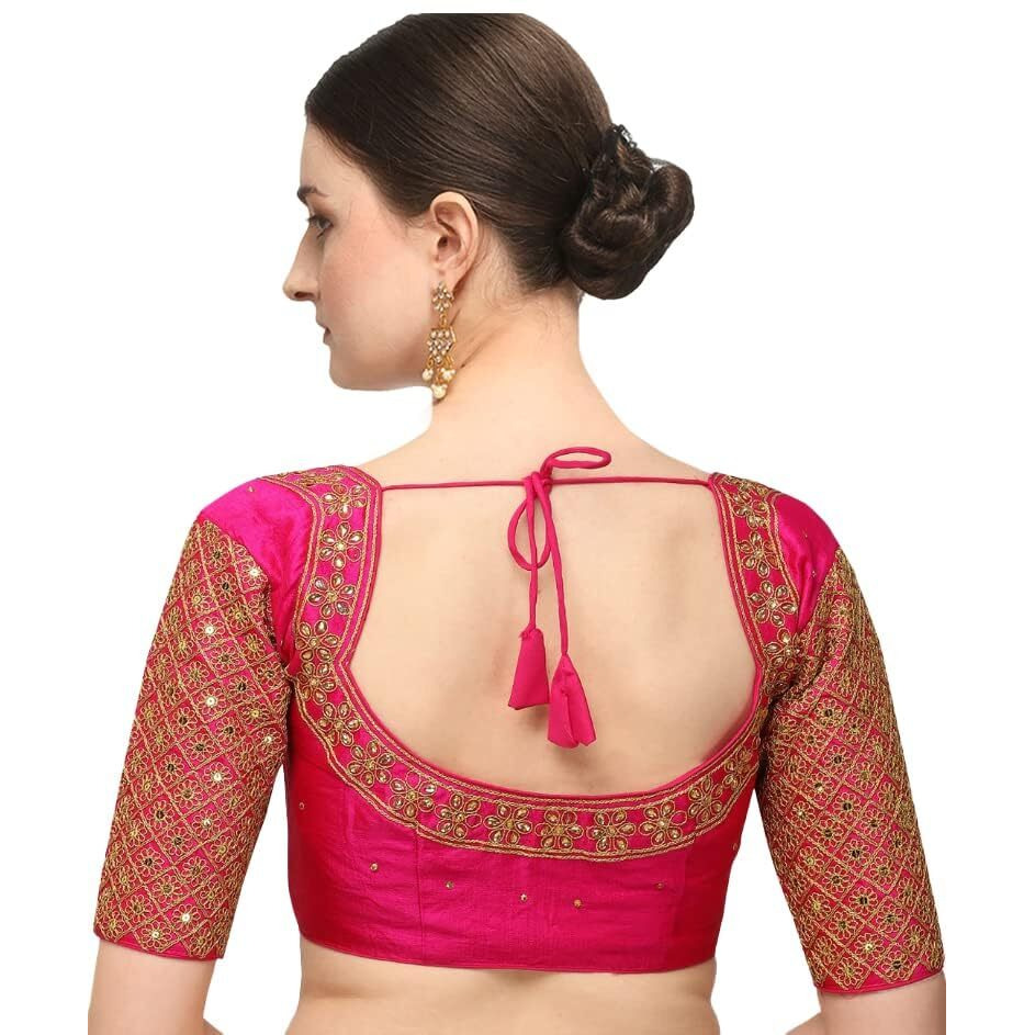 Pujia Mills Women's Embroidery Handwork Sequence Work Necklace Design Readymade Half Sleeve Blouse (Pink, 34)
