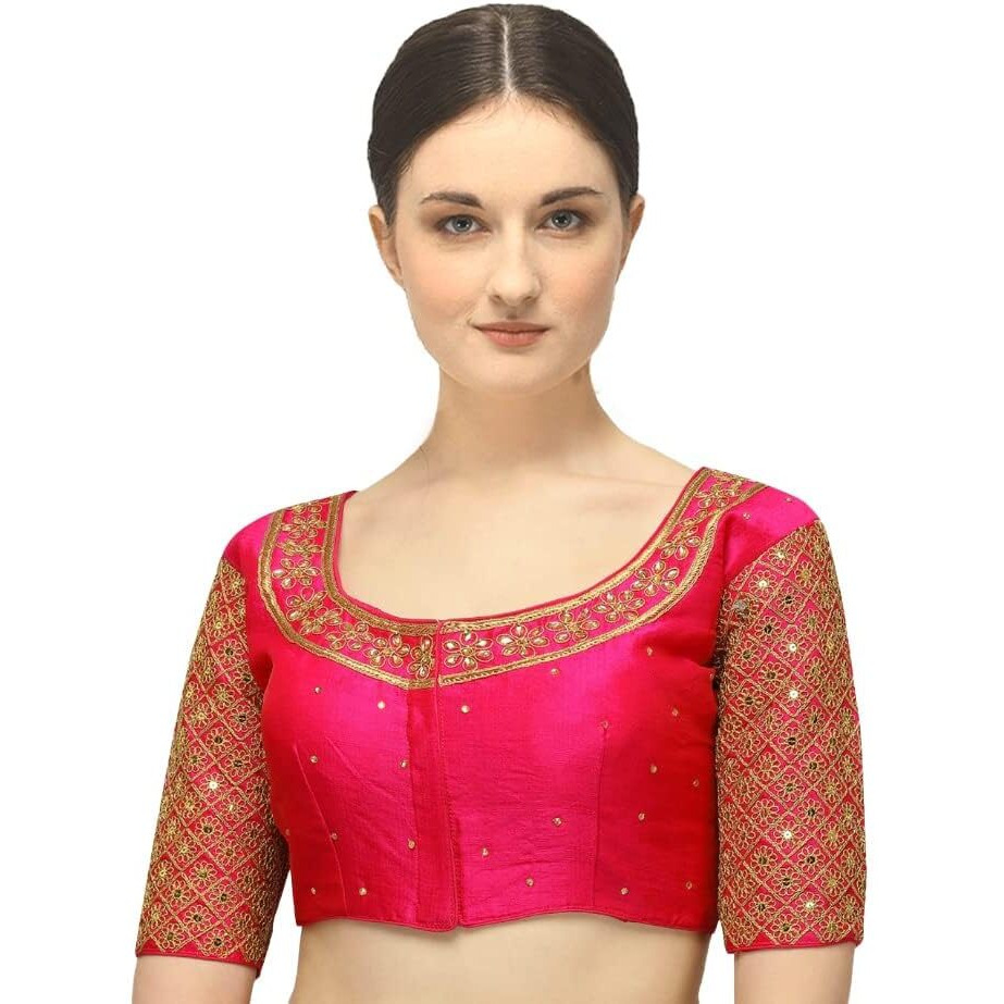 Pujia Mills Women's Embroidery Handwork Sequence Work Necklace Design Readymade Half Sleeve Blouse (Pink, 34)