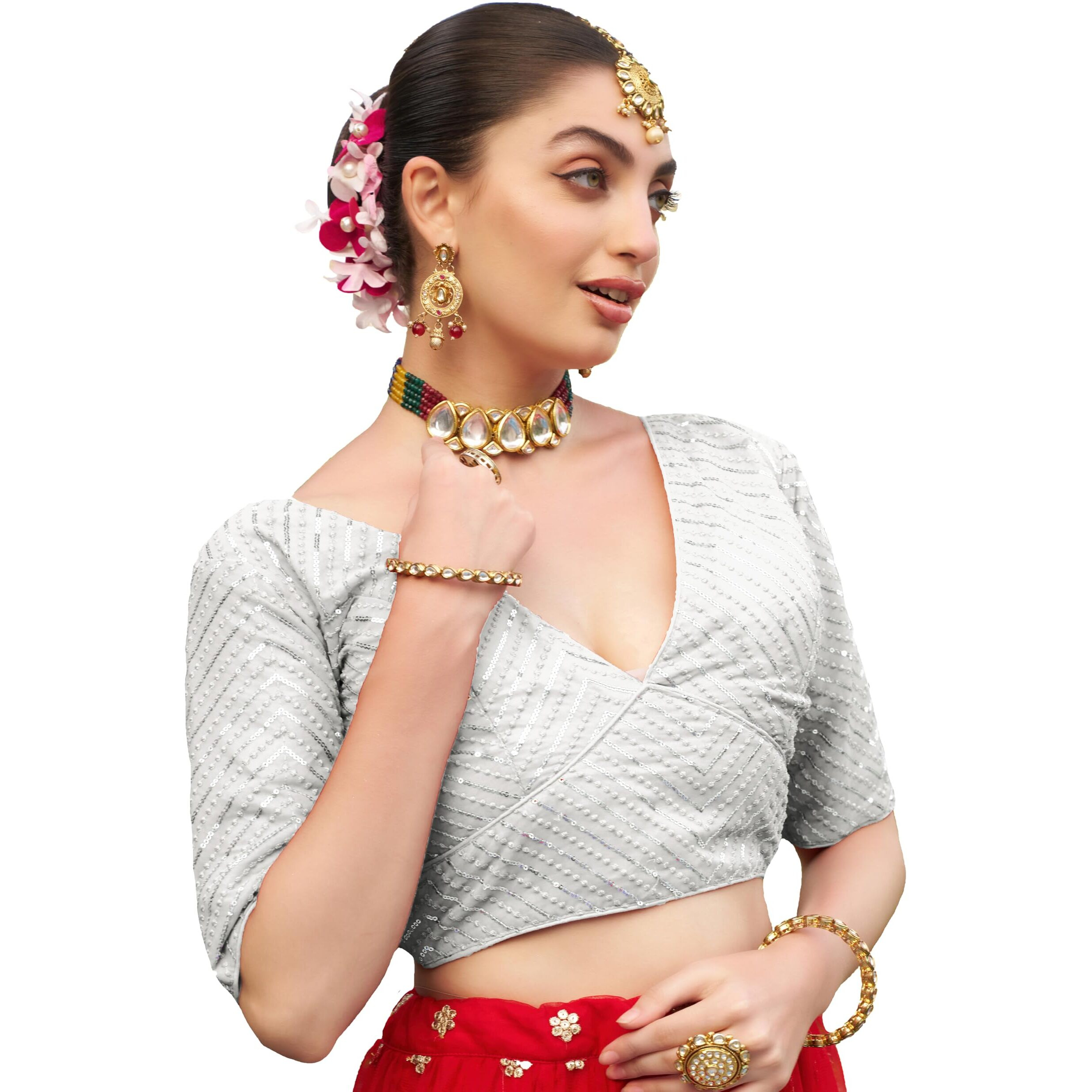 Pujia Mills Womens Fancy Readymade Half Sleeve Sequins Saree Blouse (White, 34)