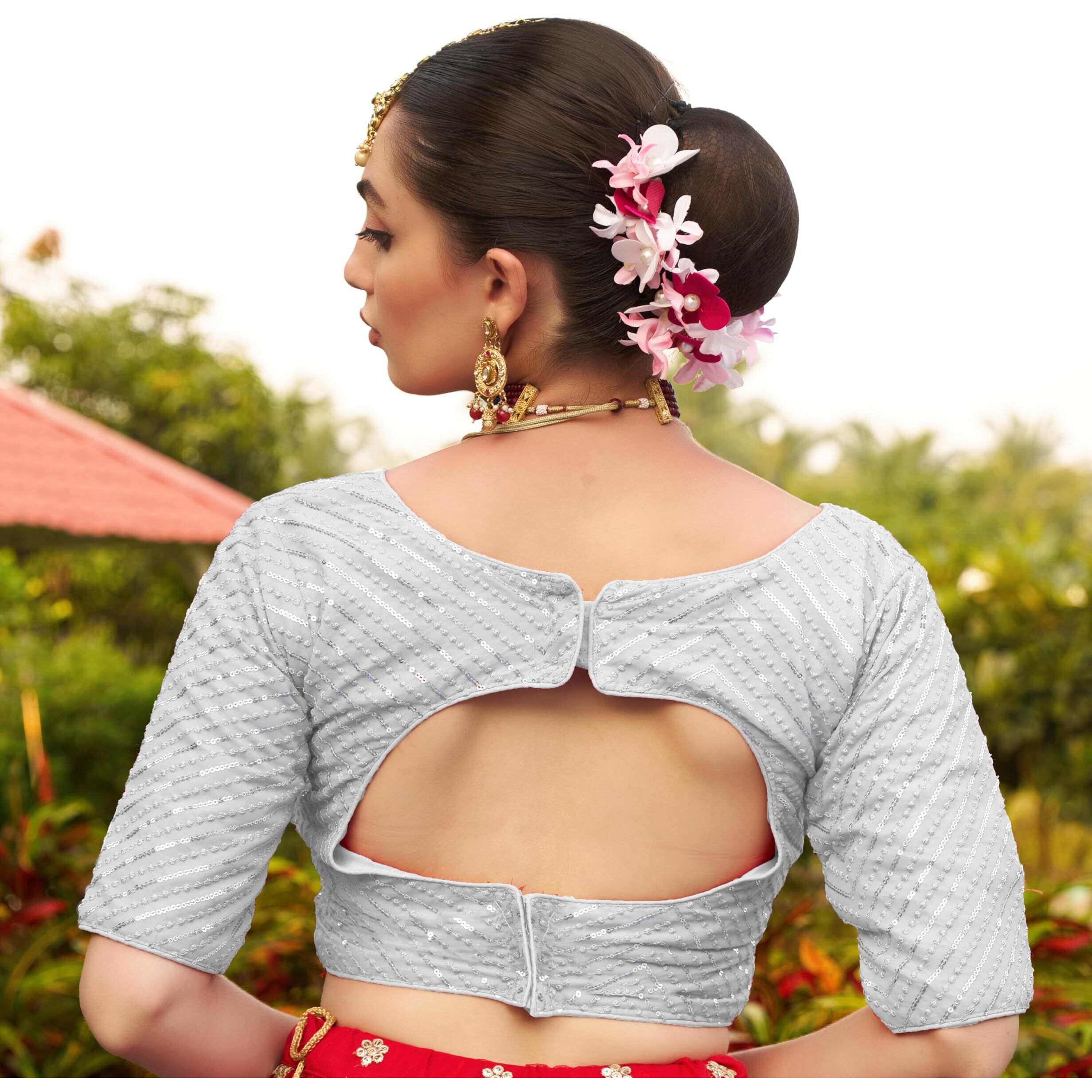 Pujia Mills Womens Fancy Readymade Half Sleeve Sequins Saree Blouse (White, 34)