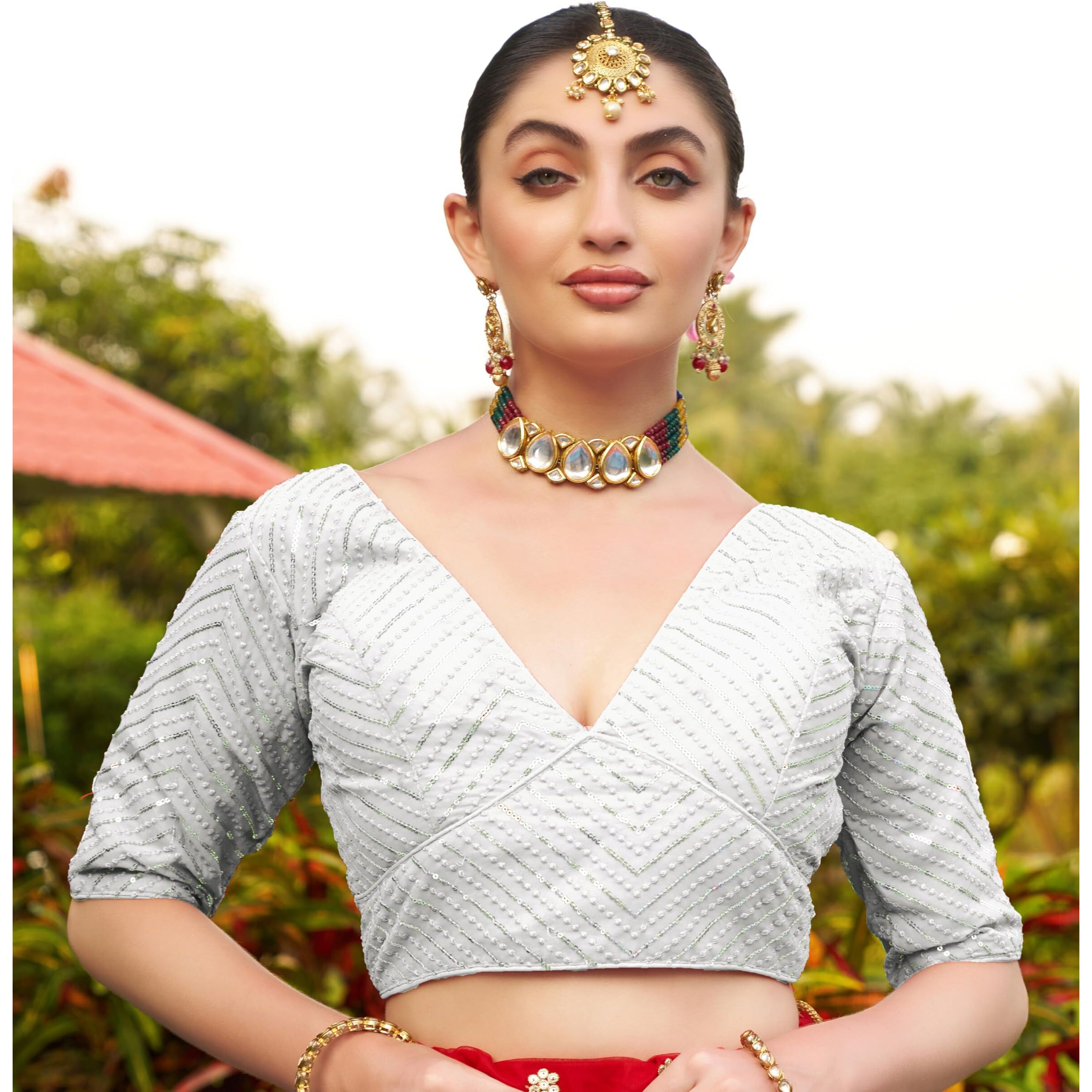 Pujia Mills Womens Fancy Readymade Half Sleeve Sequins Saree Blouse (White, 34)