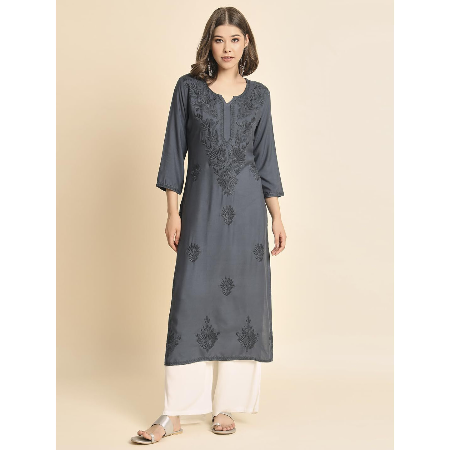 VAIRAGEE Women's Rayon Straight Cut Round Neck Kurta with Beautiful Lucknowi Chickenkari Work (1593) Grey