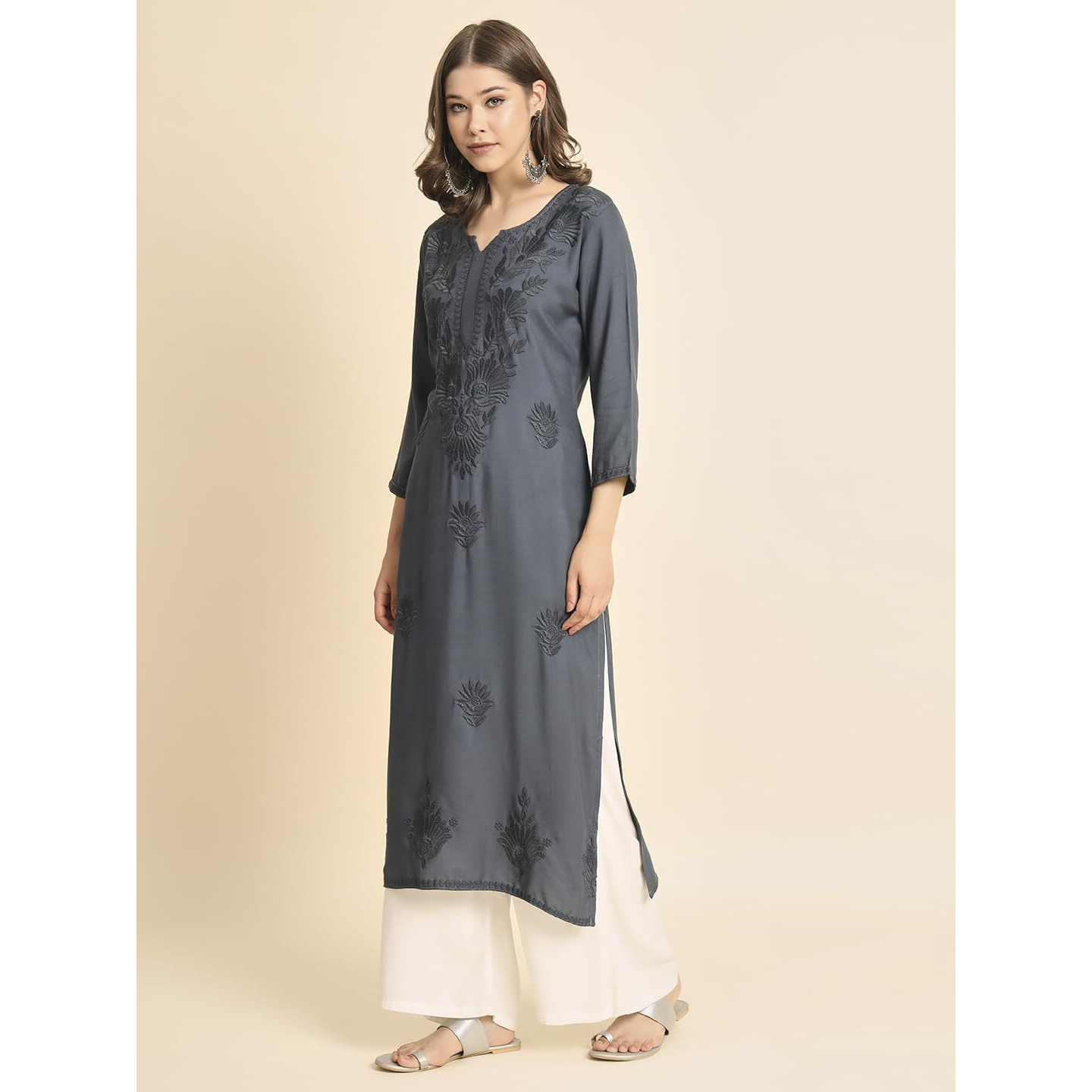 VAIRAGEE Women's Rayon Straight Cut Round Neck Kurta with Beautiful Lucknowi Chickenkari Work (1593) Grey