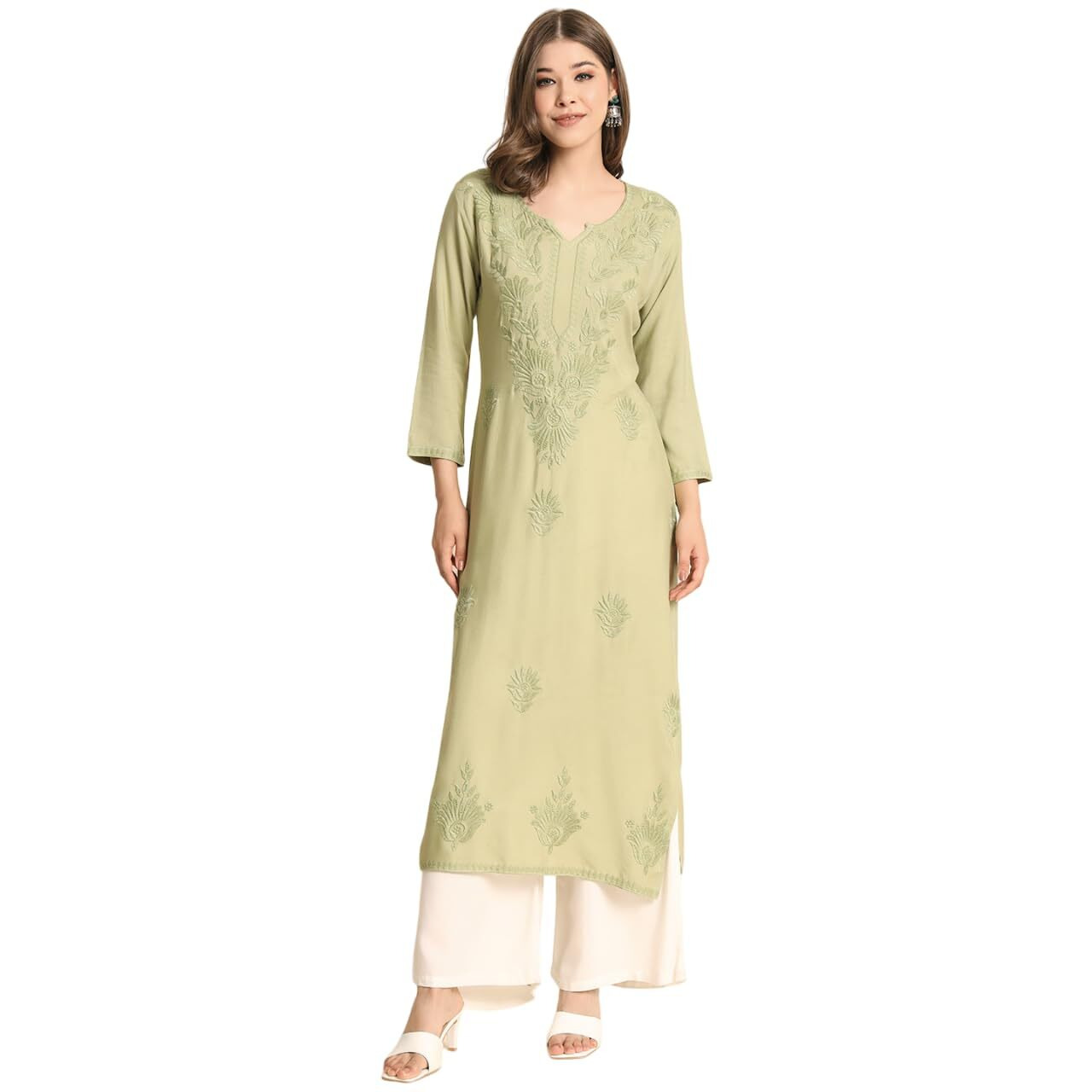 VAIRAGEE Women's Rayon Straight Cut Round Neck Kurta with Beautiful Lucknowi Chickenkari Work (1593) Olive Green