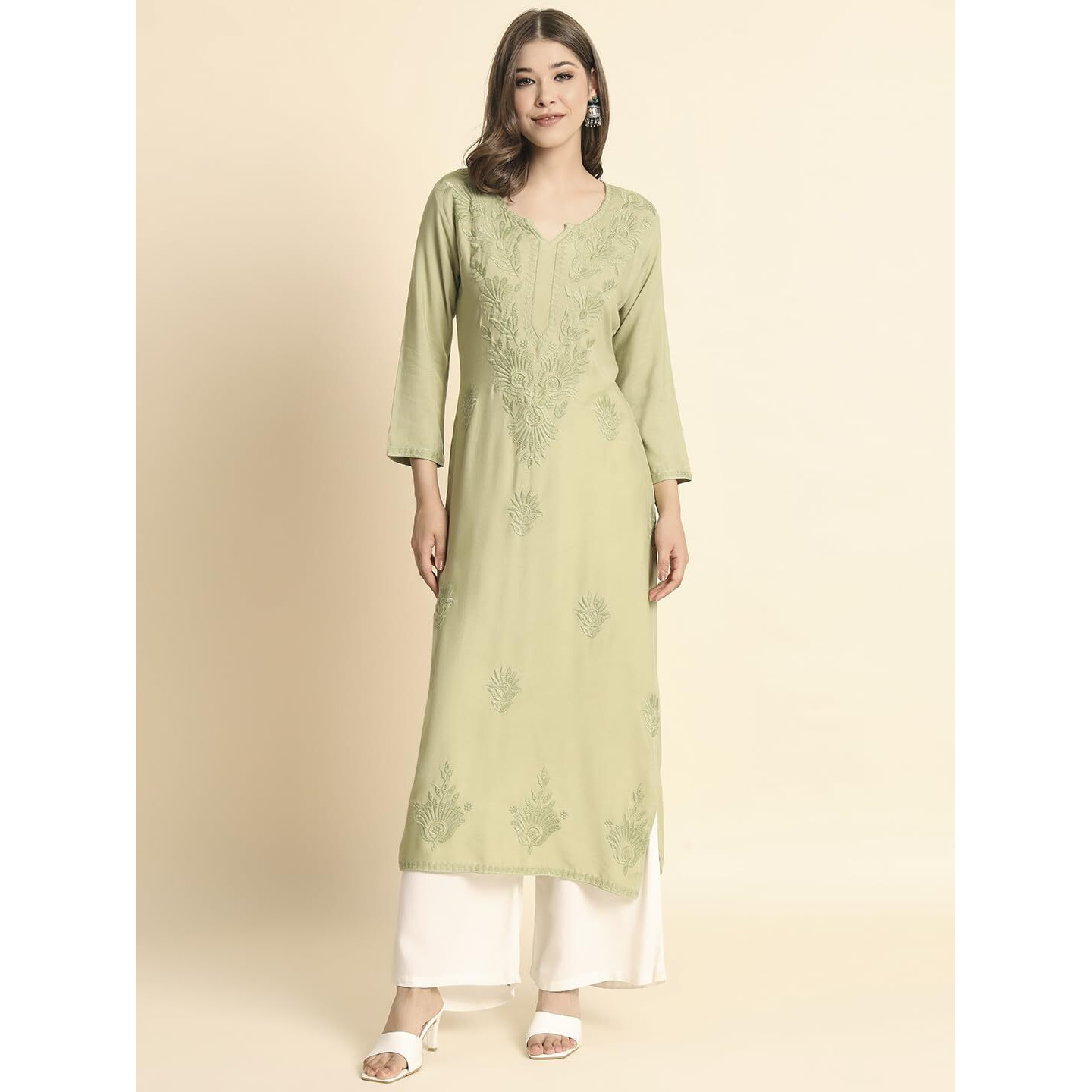 VAIRAGEE Women's Rayon Straight Cut Round Neck Kurta with Beautiful Lucknowi Chickenkari Work (1593) Olive Green