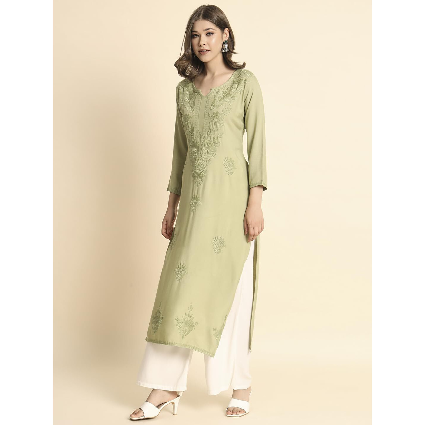 VAIRAGEE Women's Rayon Straight Cut Round Neck Kurta with Beautiful Lucknowi Chickenkari Work (1593) Olive Green
