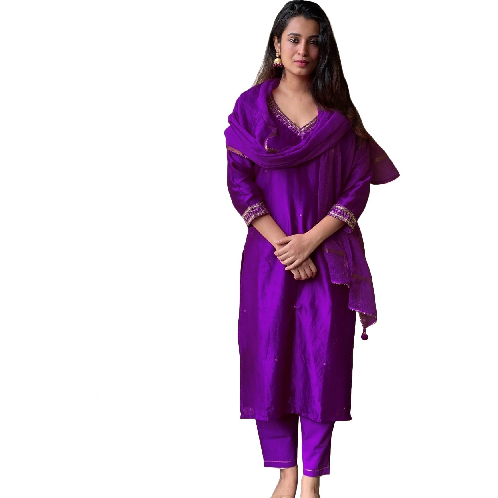 GoSriKi Women's Cotton Blend Straight Embroidered Kurta with Pant & Dupatta (BAGICHA Begani-GS_5XL_Begani_XXXXX-Large)