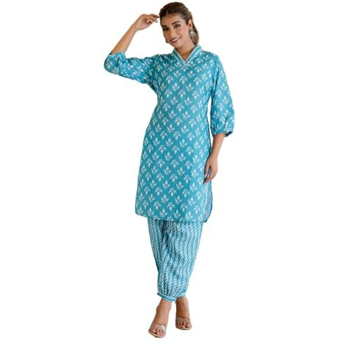 LookMark Women's Latest Printed Cotton Blend Straight Kurta and Afghani Pant Set Perfect for Casual and Office Wear (AZ-LM-P1-KS2070 RAMA-S)