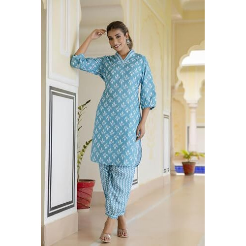 LookMark Women's Latest Printed Cotton Blend Straight Kurta and Afghani Pant Set Perfect for Casual and Office Wear (AZ-LM-P1-KS2070 RAMA-S)