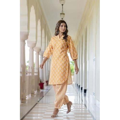 LookMark Women's Latest Printed Cotton Blend Straight Kurta and Afghani Pant Set Perfect for Casual and Office Wear (AZ-LM-P1-KS2070 Mustard-XXL)