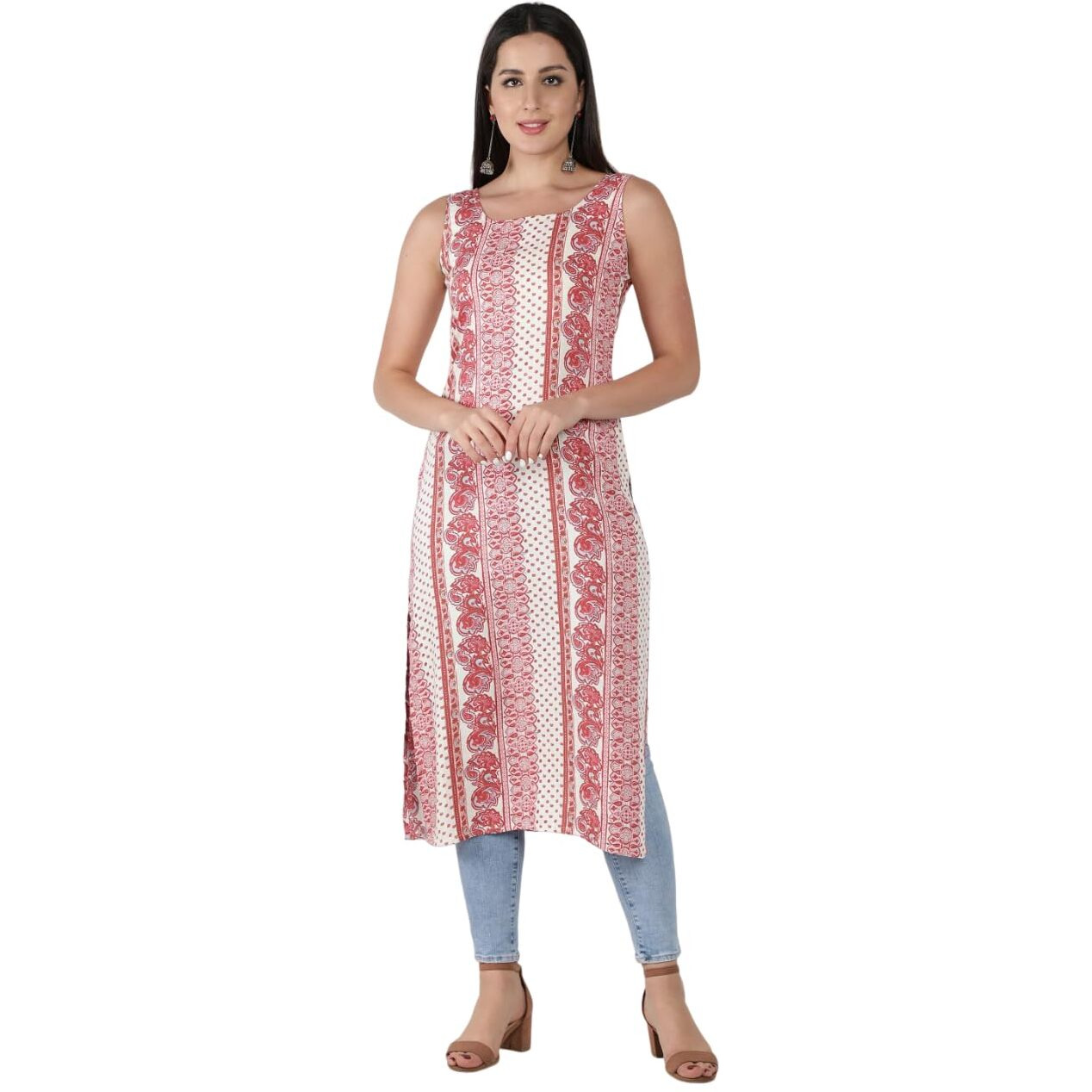 Bollyclues Women's Printed Crepe Straight Sleeveless Kurta(BC-LER) (XX-Large) Multicolour