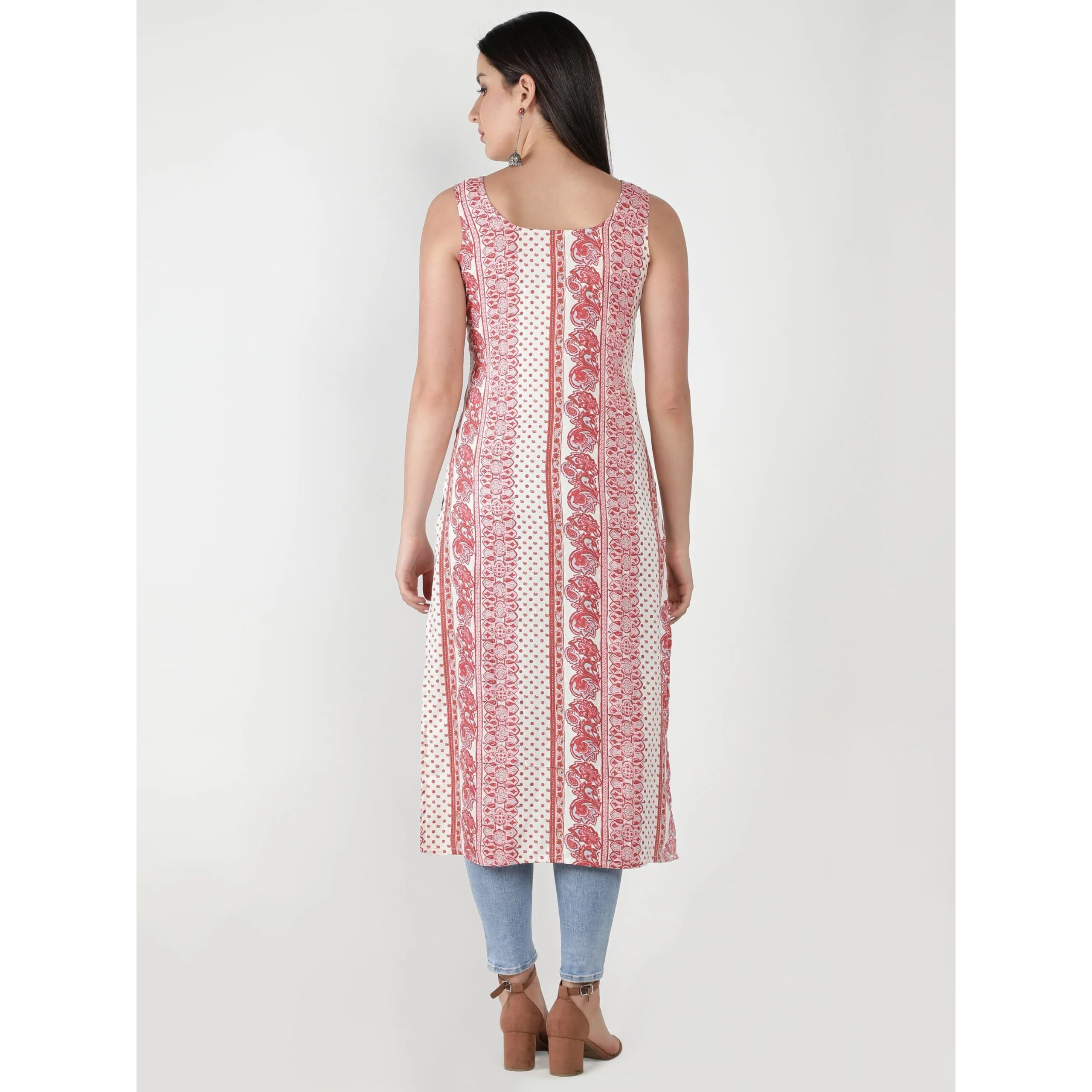 Bollyclues Women's Printed Crepe Straight Sleeveless Kurta(BC-LER) (XX-Large) Multicolour