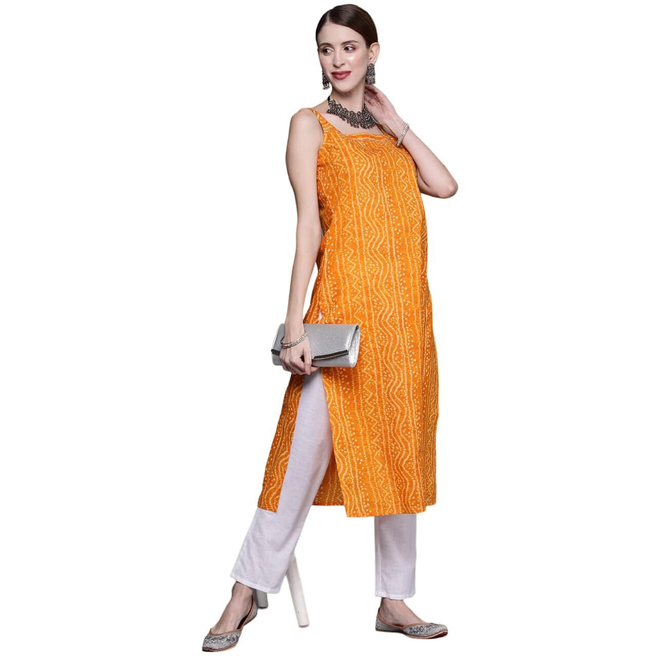 Bollyclues Women's Crepe Straight Bandhani Printed Kurti(BA-01) (Large, Yellow)
