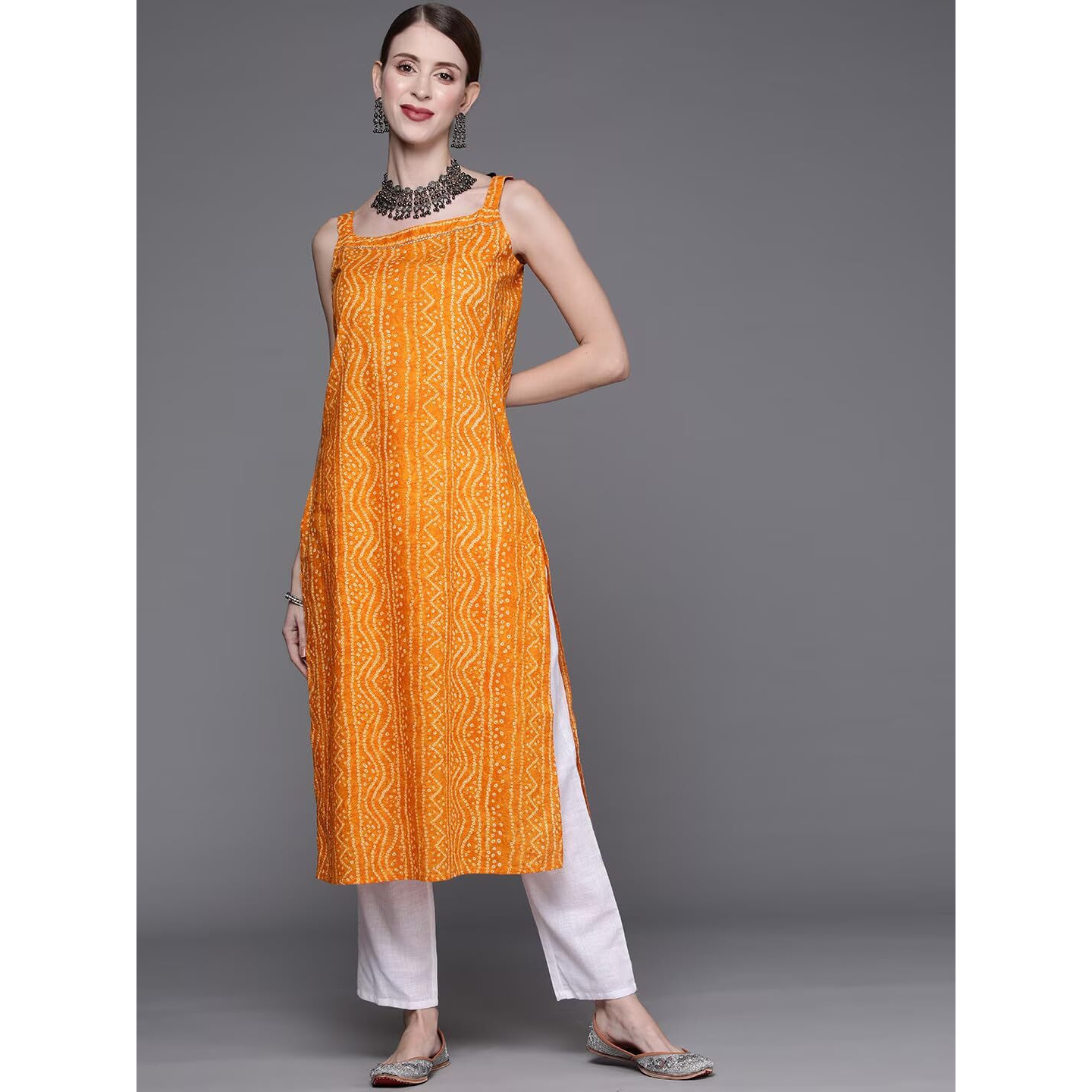 Bollyclues Women's Crepe Straight Bandhani Printed Kurti(BA-01) (Large, Yellow)