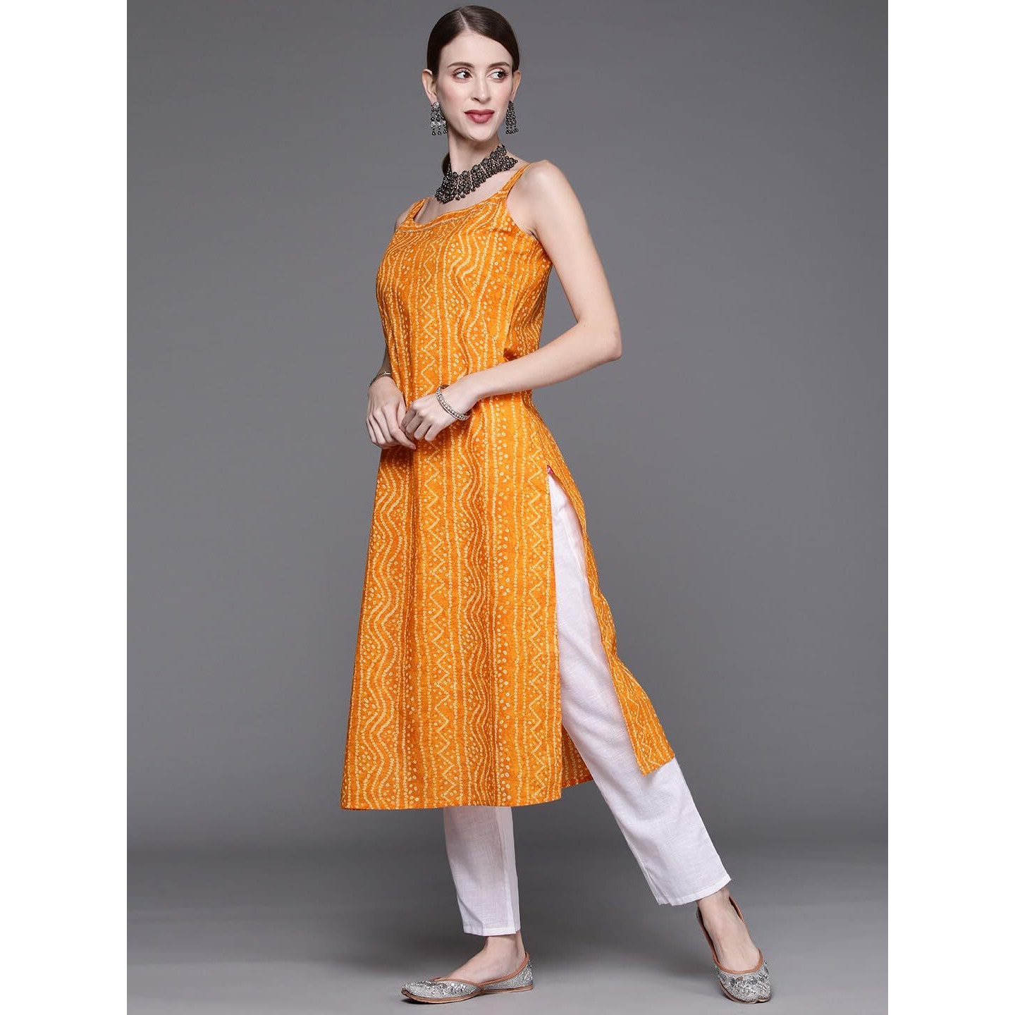 Bollyclues Women's Crepe Straight Bandhani Printed Kurti(BA-01) (Large, Yellow)
