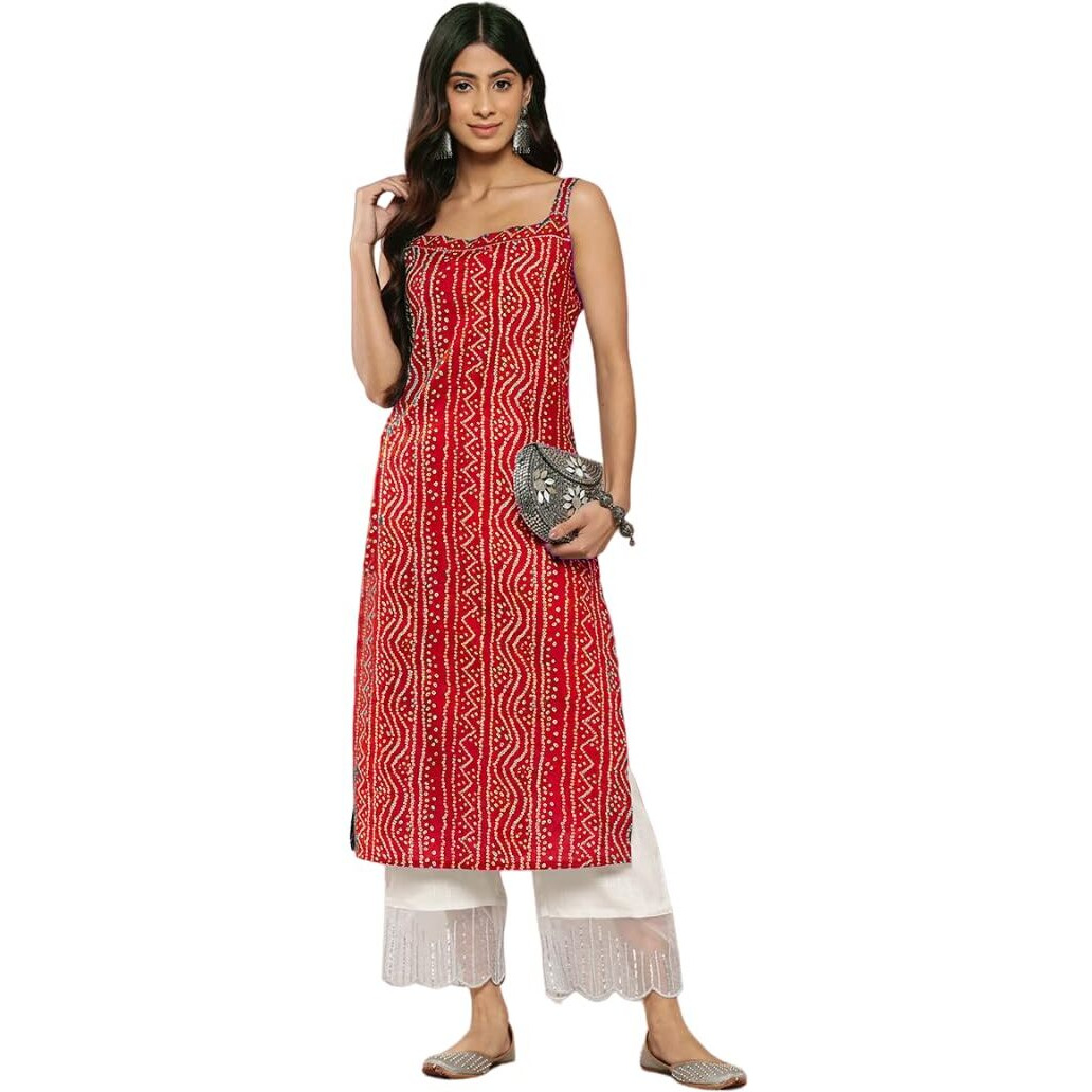 Bollyclues Women's Crepe Straight Bandhani Printed Kurti(BA-01) (Medium, Red)