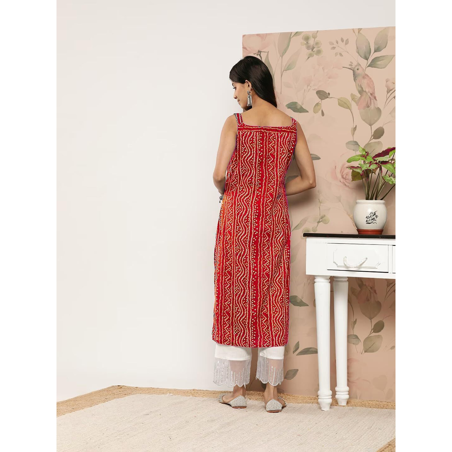 Bollyclues Women's Crepe Straight Bandhani Printed Kurti(BA-01) (Medium, Red)