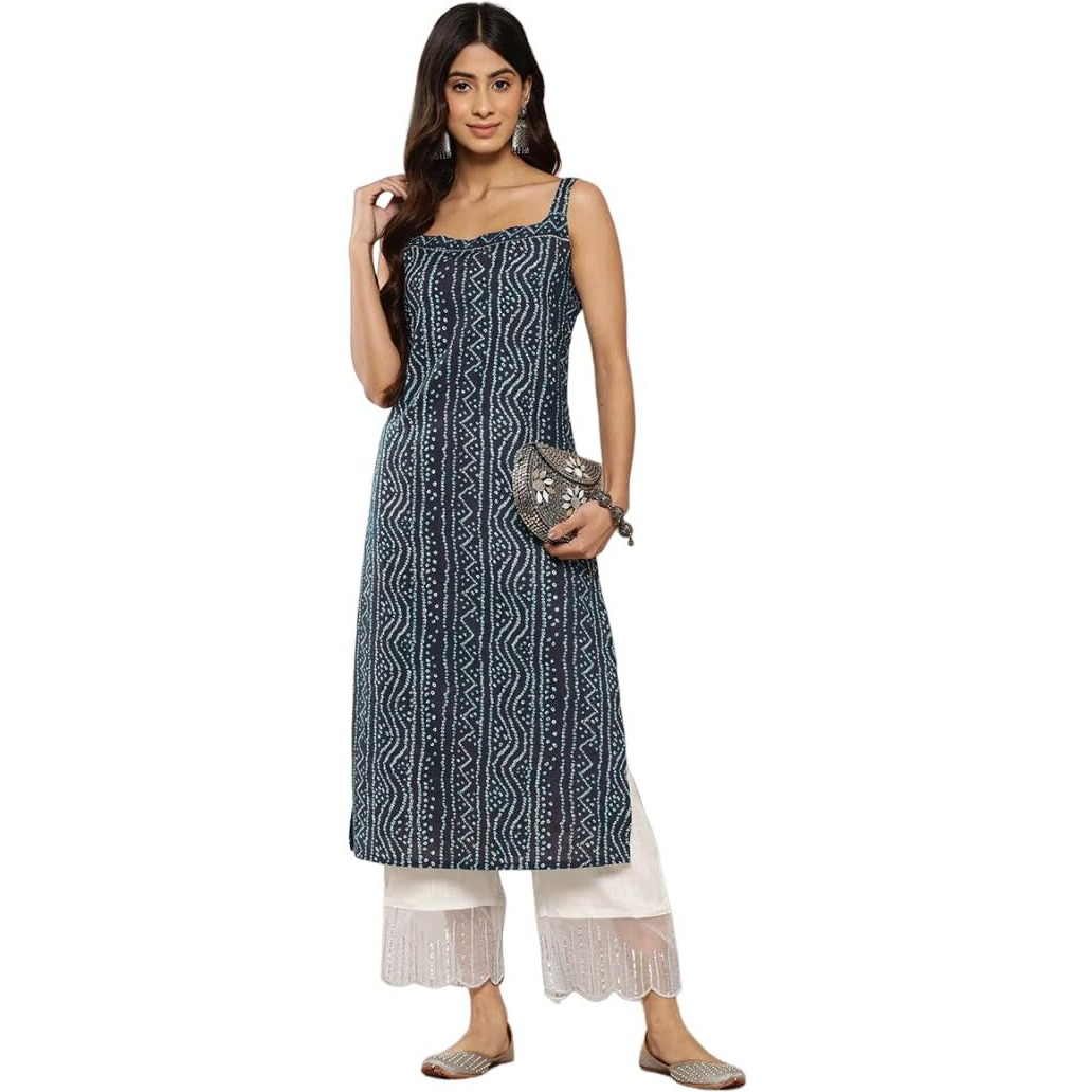 Bollyclues Women's Crepe Straight Bandhani Printed Kurti(BA-01) (Medium, Navy)
