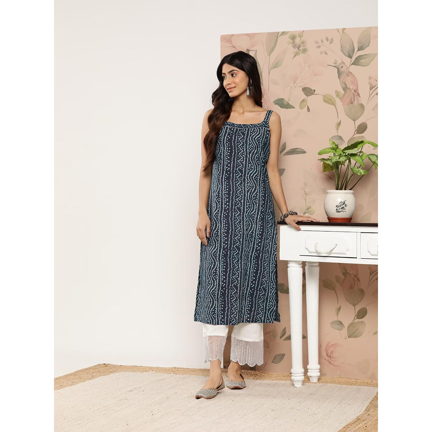 Bollyclues Women's Crepe Straight Bandhani Printed Kurti(BA-01) (Medium, Navy)