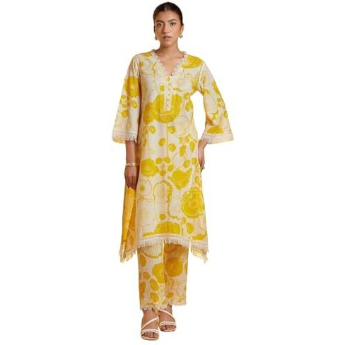 LookMark Women's Printed Cotton Blend Straight Kurta Pant Set with Lace - Comfortable Ethnic Wear for Women, Elegant Design, Suitable for Various Occasions (AZ-LM-OG-KS2118 Yellow-S)