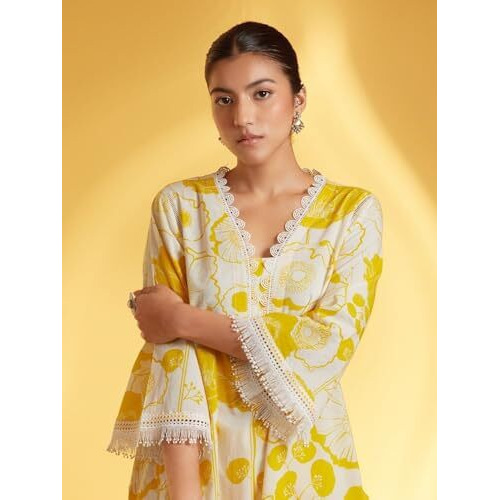 LookMark Women's Printed Cotton Blend Straight Kurta Pant Set with Lace - Comfortable Ethnic Wear for Women, Elegant Design, Suitable for Various Occasions (AZ-LM-OG-KS2118 Yellow-S)