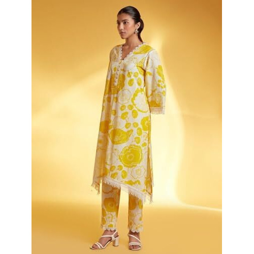 LookMark Women's Printed Cotton Blend Straight Kurta Pant Set with Lace - Comfortable Ethnic Wear for Women, Elegant Design, Suitable for Various Occasions (AZ-LM-OG-KS2118 Yellow-S)