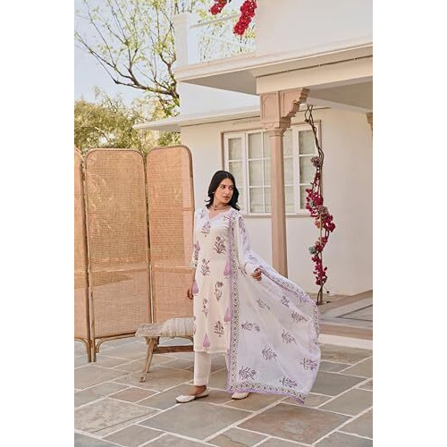 FABNEX kurta set for women | Women Kurta | Women Kurta Sets Kurtis | Women Kurta Pant Set | Women Kurta Pant Set with dupatta Women Kurti Set with Pant and dupatta (K-104-WHITE-M)