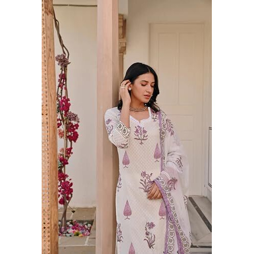 FABNEX kurta set for women | Women Kurta | Women Kurta Sets Kurtis | Women Kurta Pant Set | Women Kurta Pant Set with dupatta Women Kurti Set with Pant and dupatta (K-104-WHITE-M)