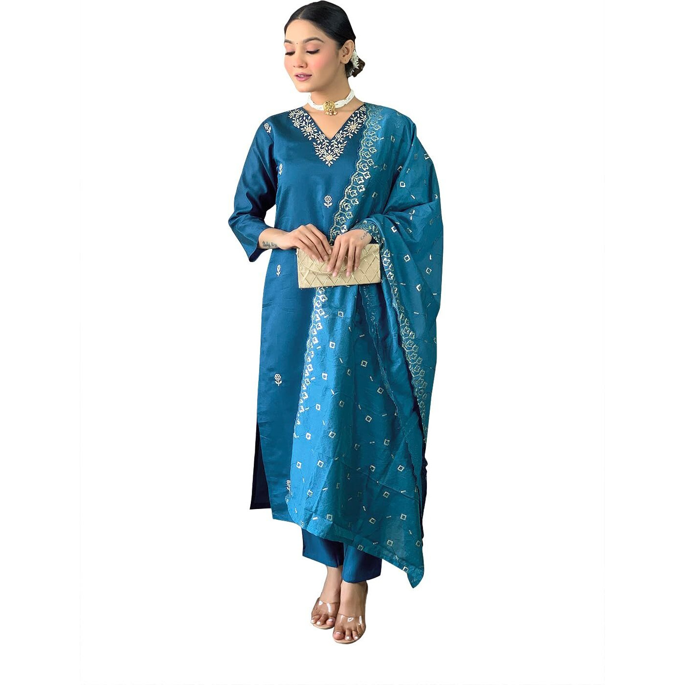 Naixa Women's Petrol Viscose Chanderi Embroidered Straight Kurta with Viscose Chanderi Pant and Chanderi Embroidered Dupatta Sets (S-Zarna-Petrol-S)
