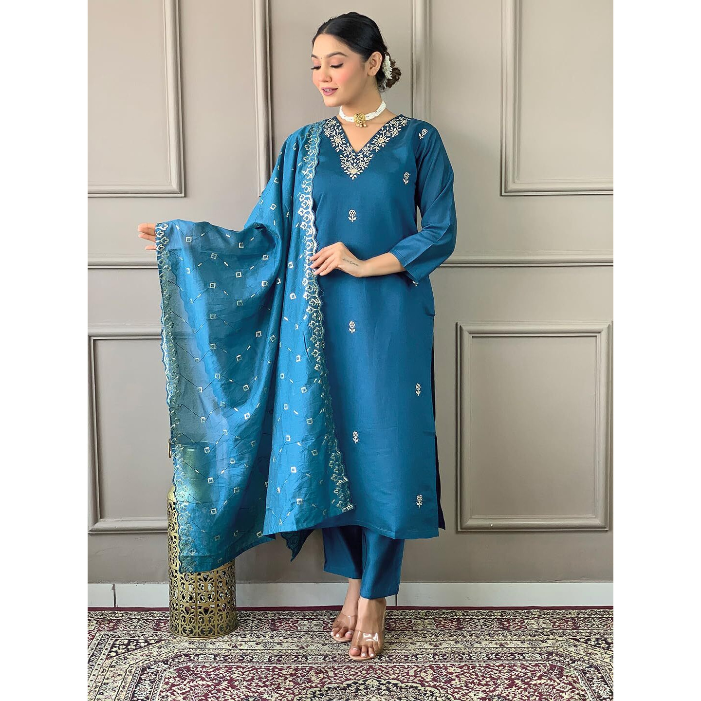 Naixa Women's Petrol Viscose Chanderi Embroidered Straight Kurta with Viscose Chanderi Pant and Chanderi Embroidered Dupatta Sets (S-Zarna-Petrol-S)