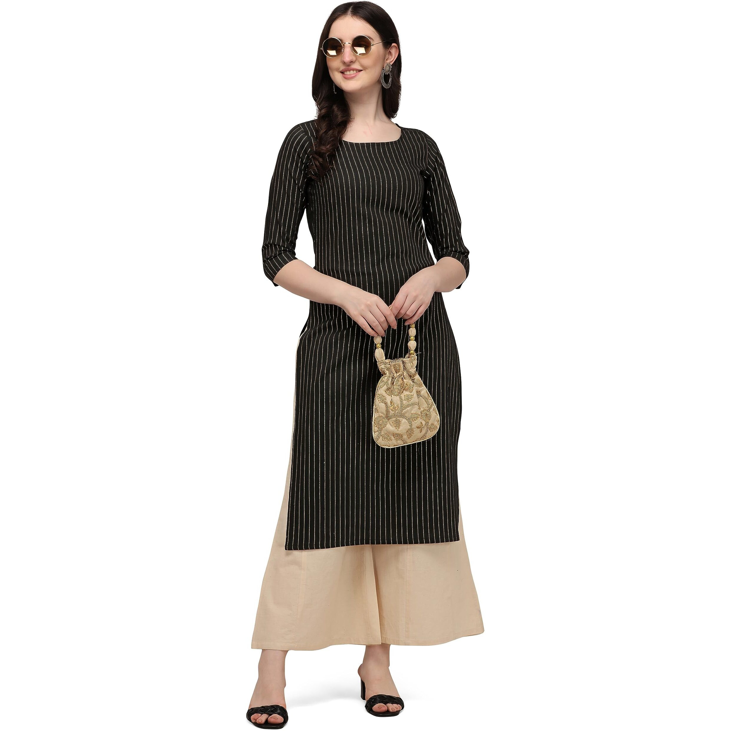 Hritika Women's Stylish Cotton Kurta with Stripes, Elegant Casual Ethnic Wear, Lightweight & Comfortable, Perfect Festive Occasions Black (HRK0014BLCK_XL)