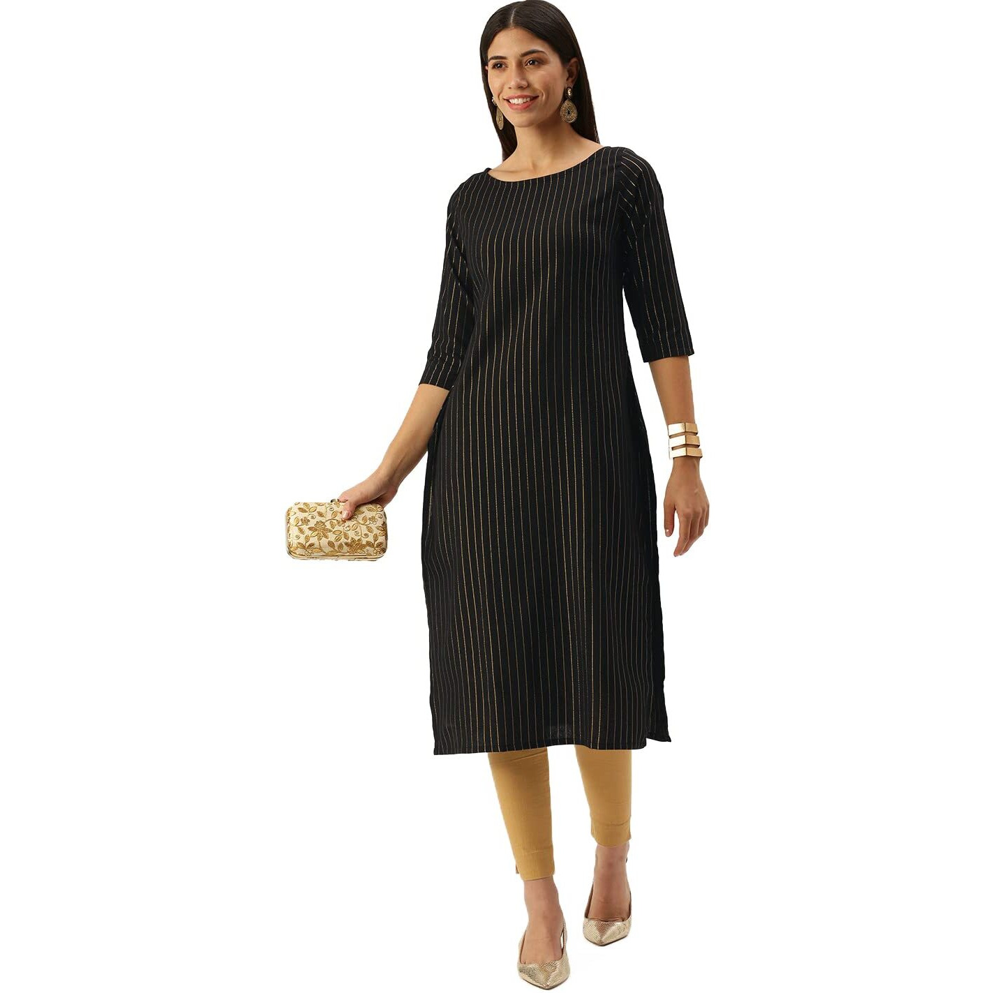Hritika Women's Stylish Cotton Kurta with Stripes, Elegant Casual Ethnic Wear, Lightweight & Comfortable, Perfect Festive Occasions Black (HRK0014BLCK_XL)