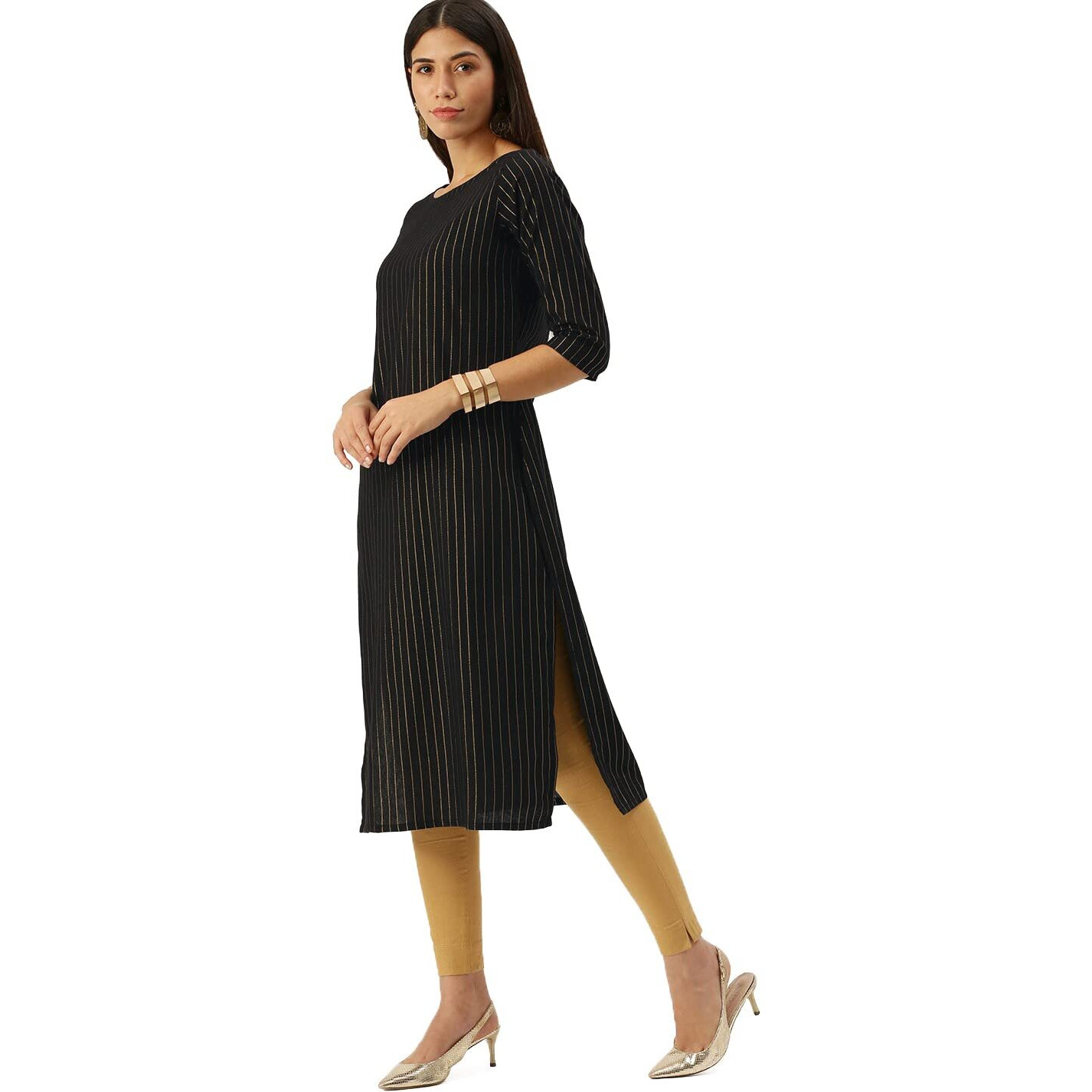 Hritika Women's Stylish Cotton Kurta with Stripes, Elegant Casual Ethnic Wear, Lightweight & Comfortable, Perfect Festive Occasions Black (HRK0014BLCK_XL)