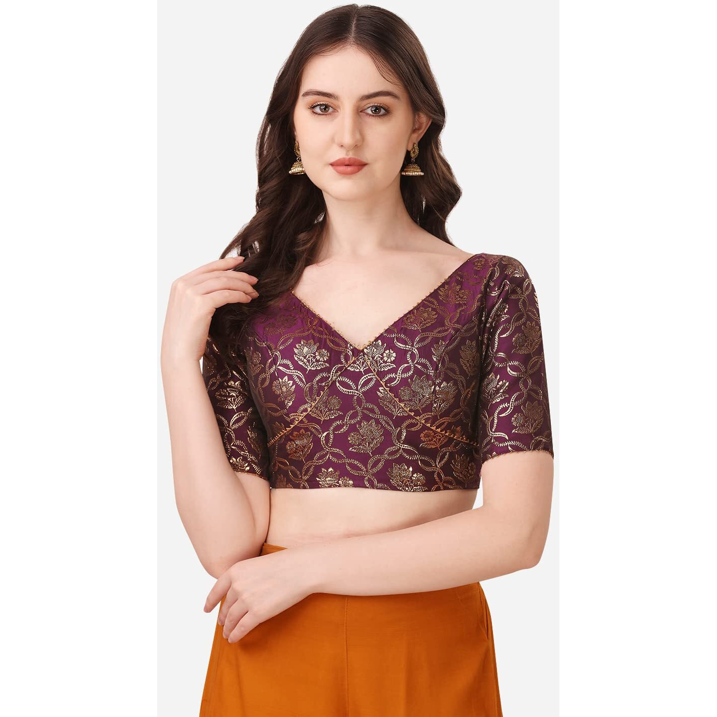 OOMPH Women's Indian Ethnic Wear Designer Floral Pattern Lace Work V Neck Half Sleeve Purple Color Jacquard Readymade Blouse for Saree or Lehnga and Fusion Twist. S