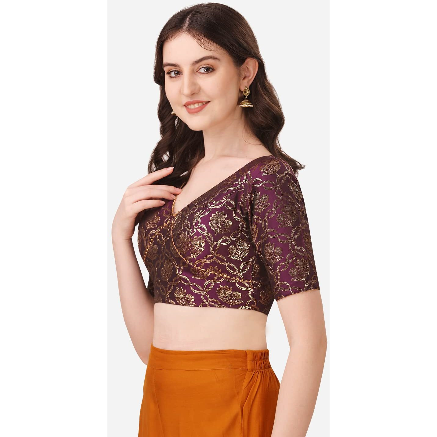 OOMPH Women's Indian Ethnic Wear Designer Floral Pattern Lace Work V Neck Half Sleeve Purple Color Jacquard Readymade Blouse for Saree or Lehnga and Fusion Twist. S