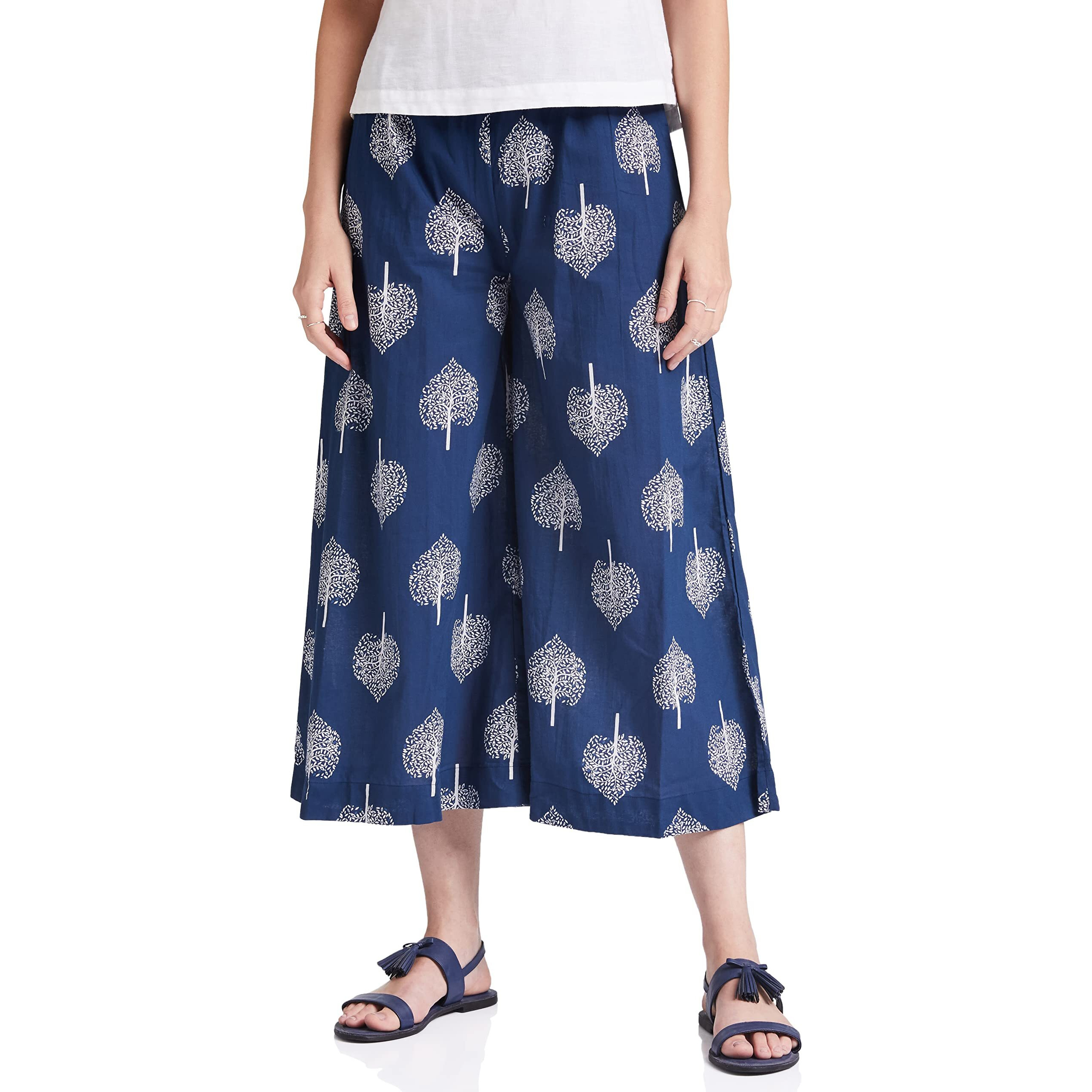 Amazon Brand - Myx Women's Loose Fit Cotton Palazzo (PAG207_Navy Leaf_XS_Navy Leaf_Xs)