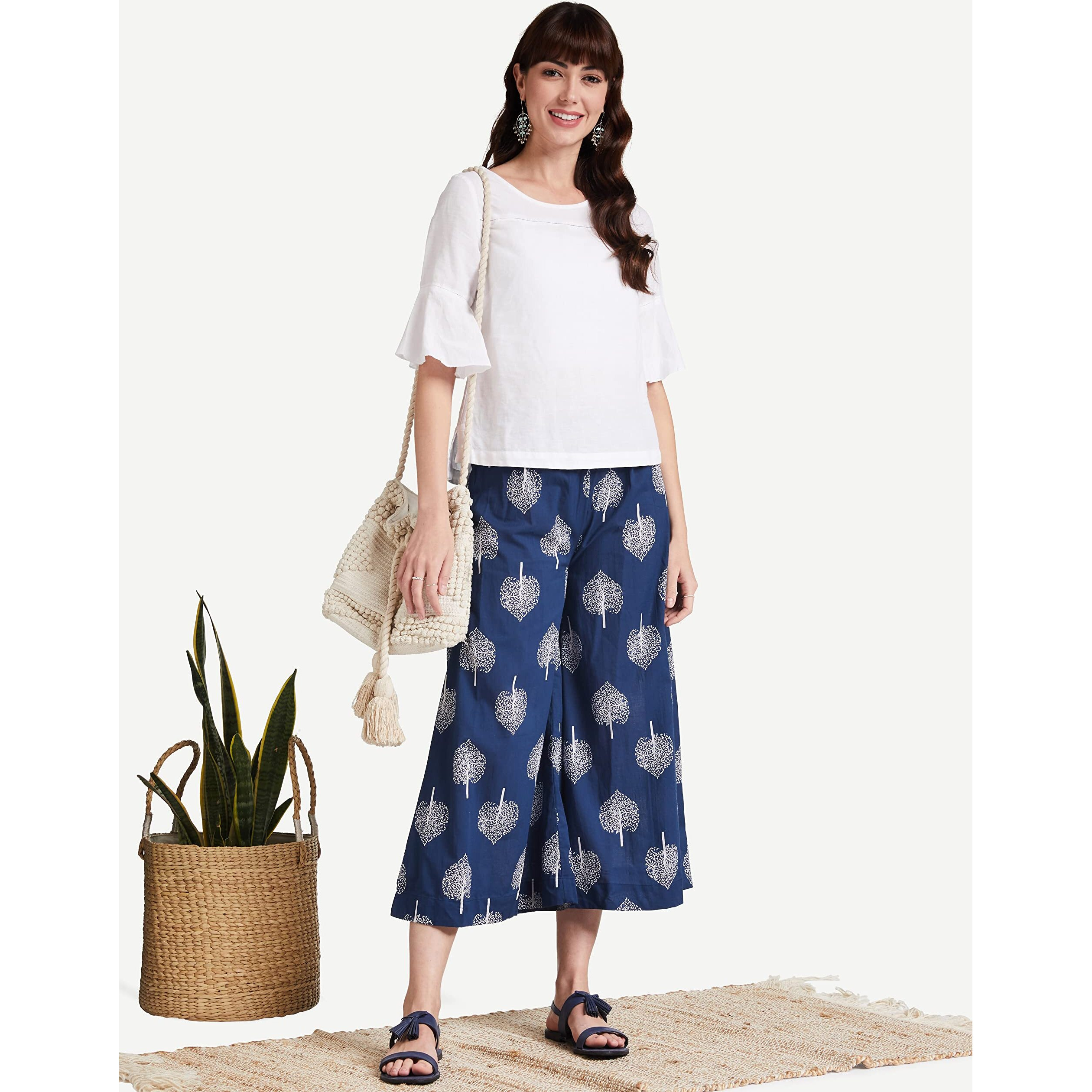 Amazon Brand - Myx Women's Loose Fit Cotton Palazzo (PAG207_Navy Leaf_XS_Navy Leaf_Xs)