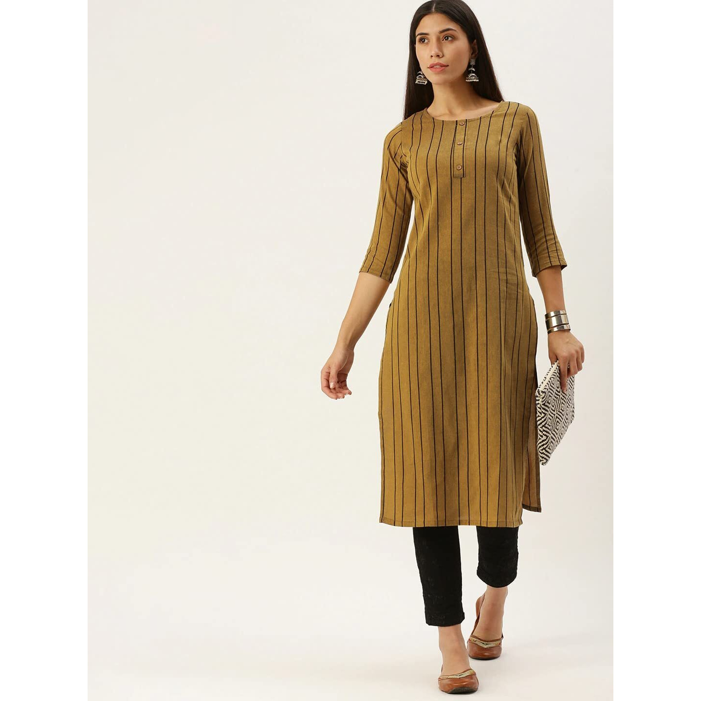 Hritika Mustard Colored Strips & Solid Plain Cotton Blend Kurta Under 300_(HRK0016MSTRD_XS)
