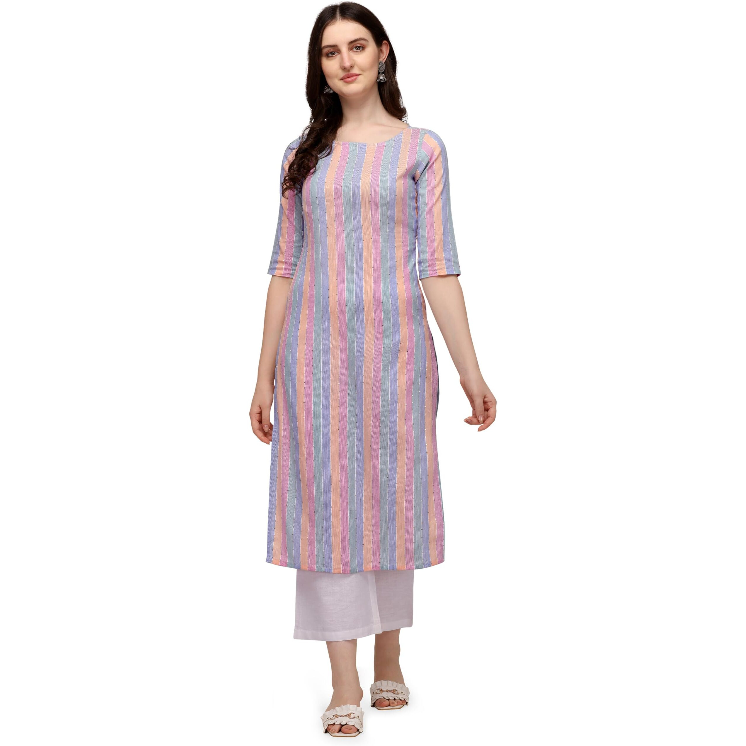 Hritika Multi-Color Colored Strips with Sequins Cotton Blend Kurta Under 300_(HRK0023MLTI_M)