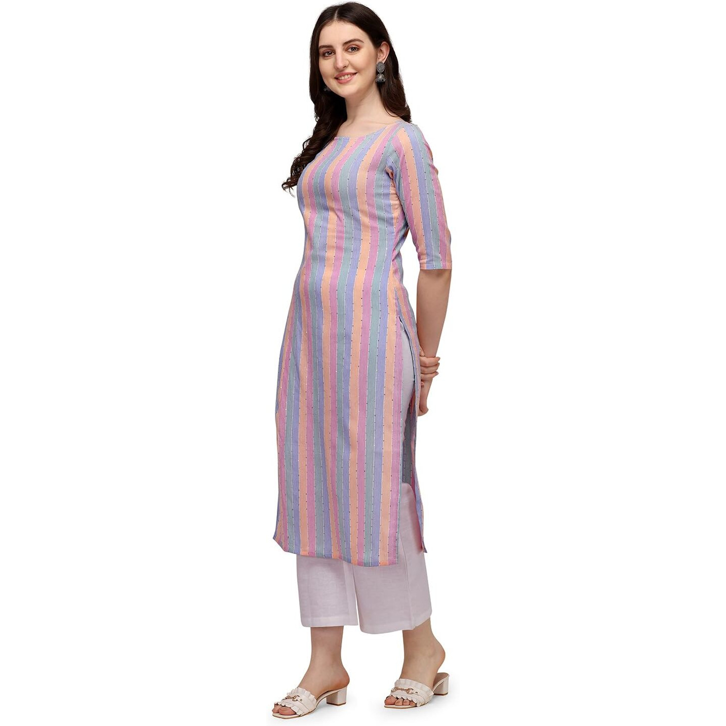 Hritika Multi-Color Colored Strips with Sequins Cotton Blend Kurta Under 300_(HRK0023MLTI_M)