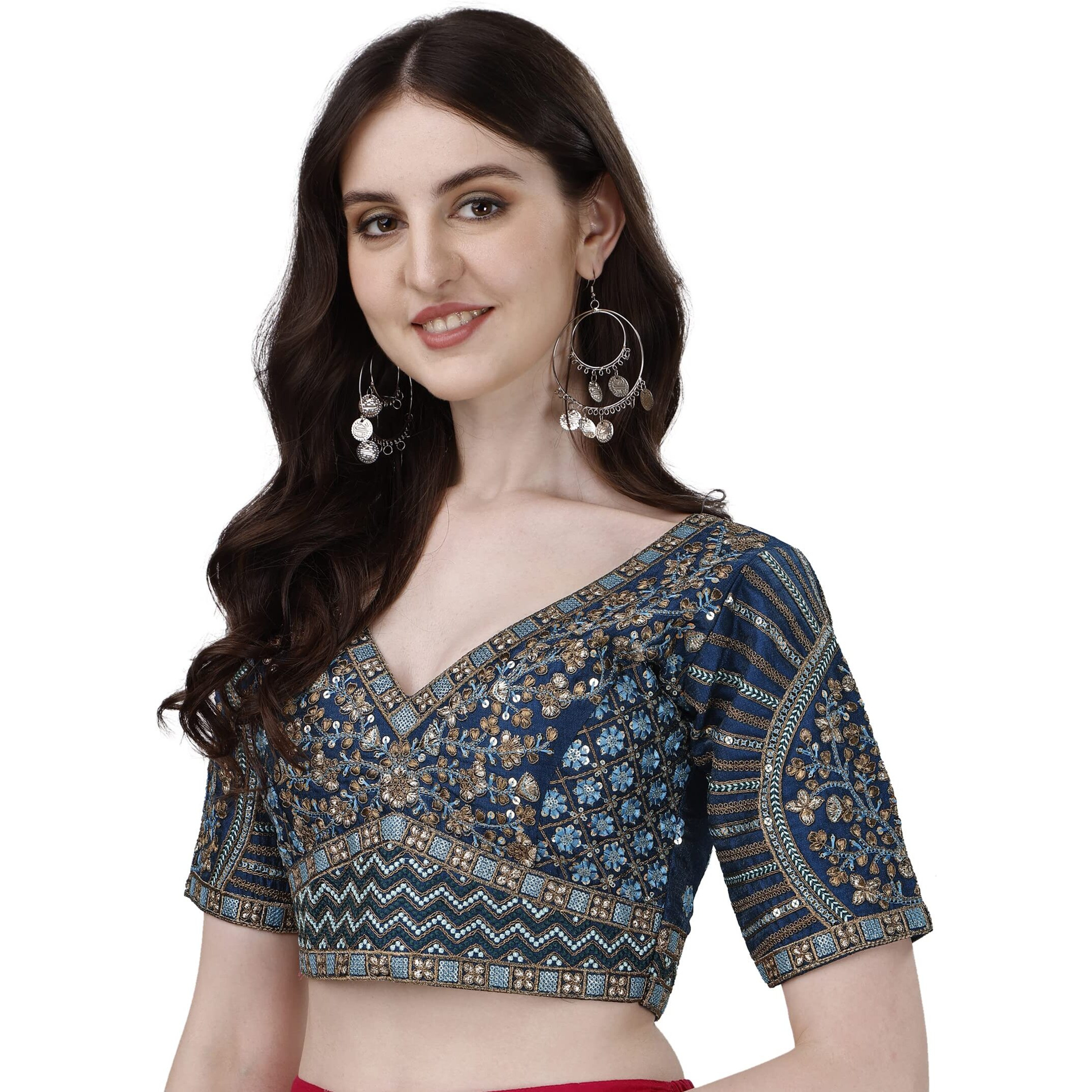 Vihu Fashion Women's Fancy Readymade Heavy Coding Embroidary Worked Half Sleeve Morpeach Saree Blouse(Mushroom Morpeach_42)