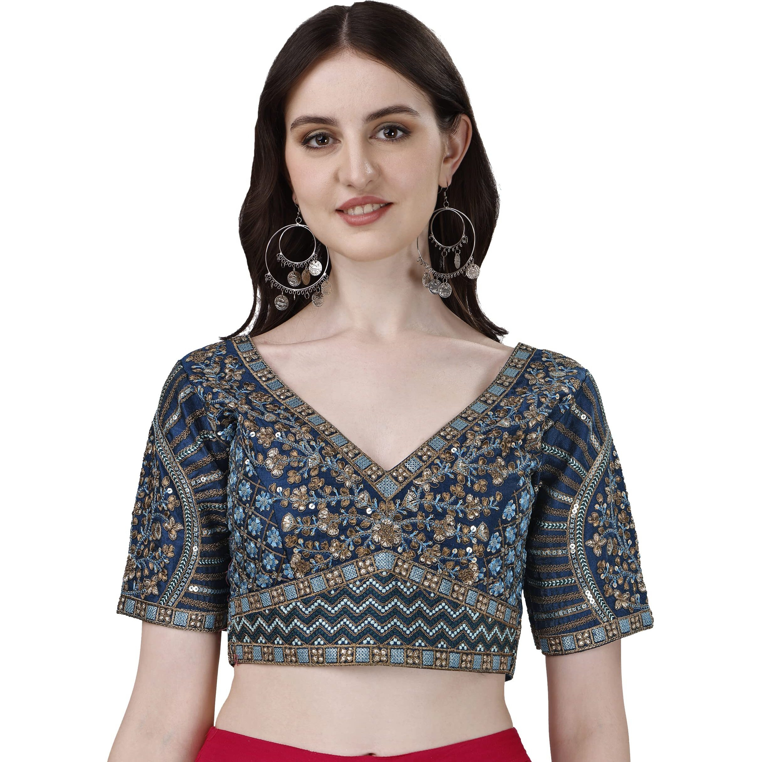 Vihu Fashion Women's Fancy Readymade Heavy Coding Embroidary Worked Half Sleeve Morpeach Saree Blouse(Mushroom Morpeach_42)