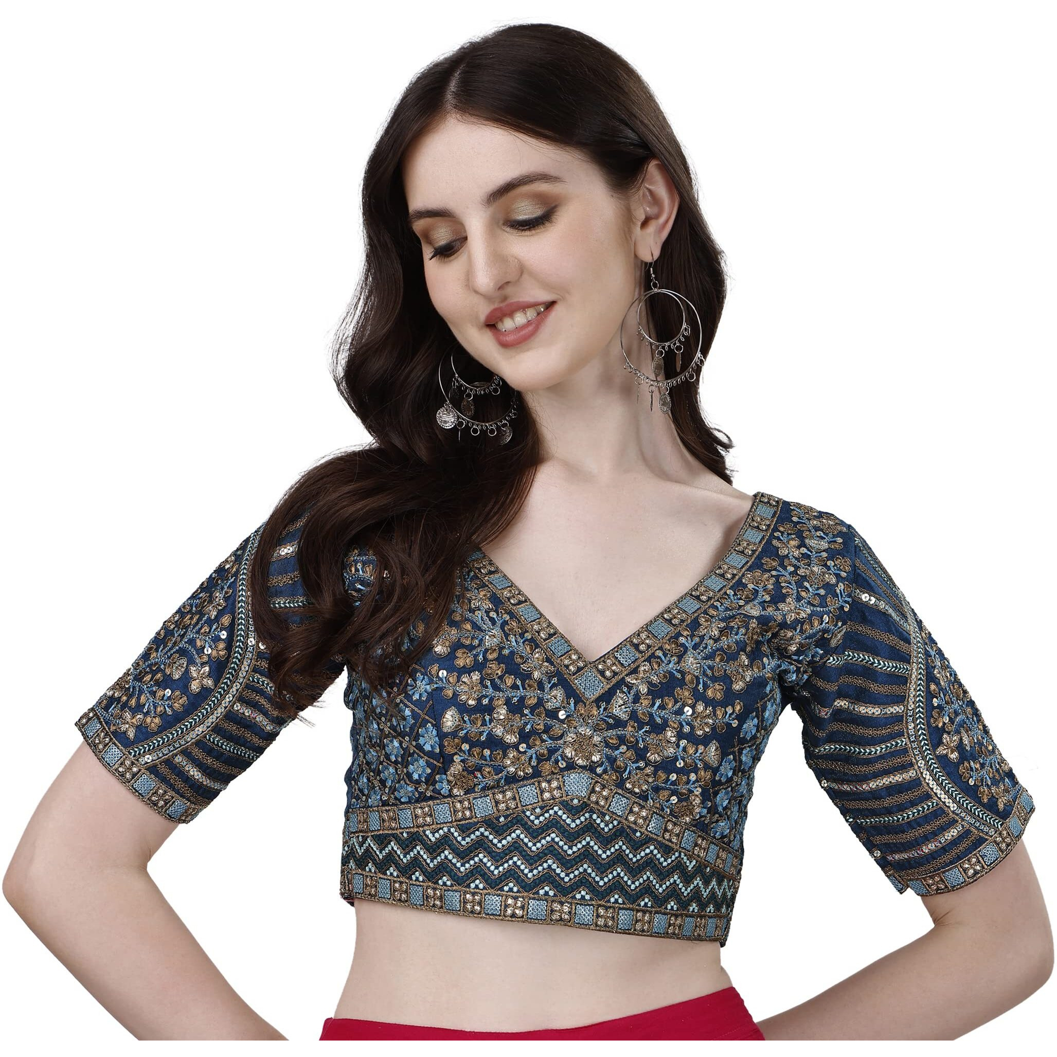 Vihu Fashion Women's Fancy Readymade Heavy Coding Embroidary Worked Half Sleeve Morpeach Saree Blouse(Mushroom Morpeach_42)