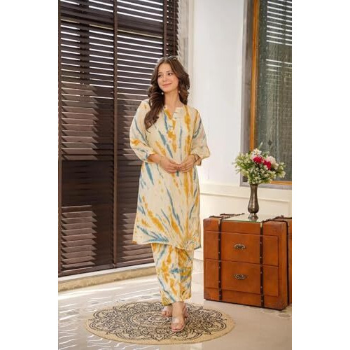 FABNEX kurta set for women | Women Kurta | Women Kurta Sets Kurtis | Women Kurta Pant Set | Women Kurta Pant Set Women Kurti Set with Pant (K-78-79) (Yellow, XL)