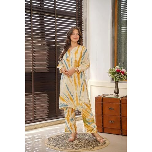 FABNEX kurta set for women | Women Kurta | Women Kurta Sets Kurtis | Women Kurta Pant Set | Women Kurta Pant Set Women Kurti Set with Pant (K-78-79) (Yellow, XL)