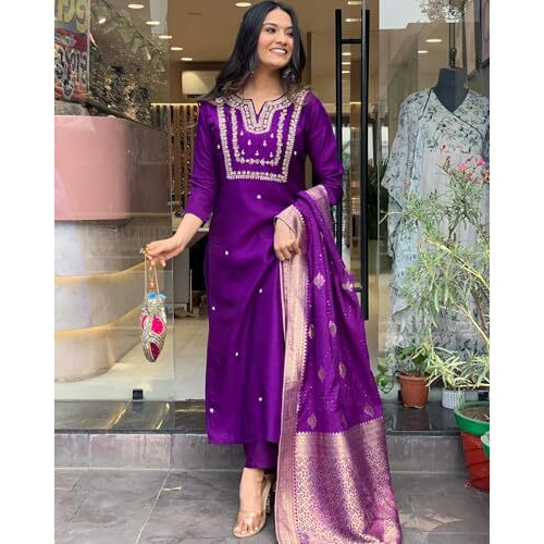 ANNI DESIGNER Women's Cotton Blend Straight Embroidered Kurta with Pant & Dupatta (MANUSHI BEGANI_5XL_Begani_XXXXX-Large)