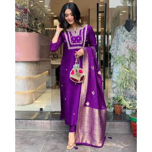 ANNI DESIGNER Women's Cotton Blend Straight Embroidered Kurta with Pant & Dupatta (MANUSHI BEGANI_5XL_Begani_XXXXX-Large)