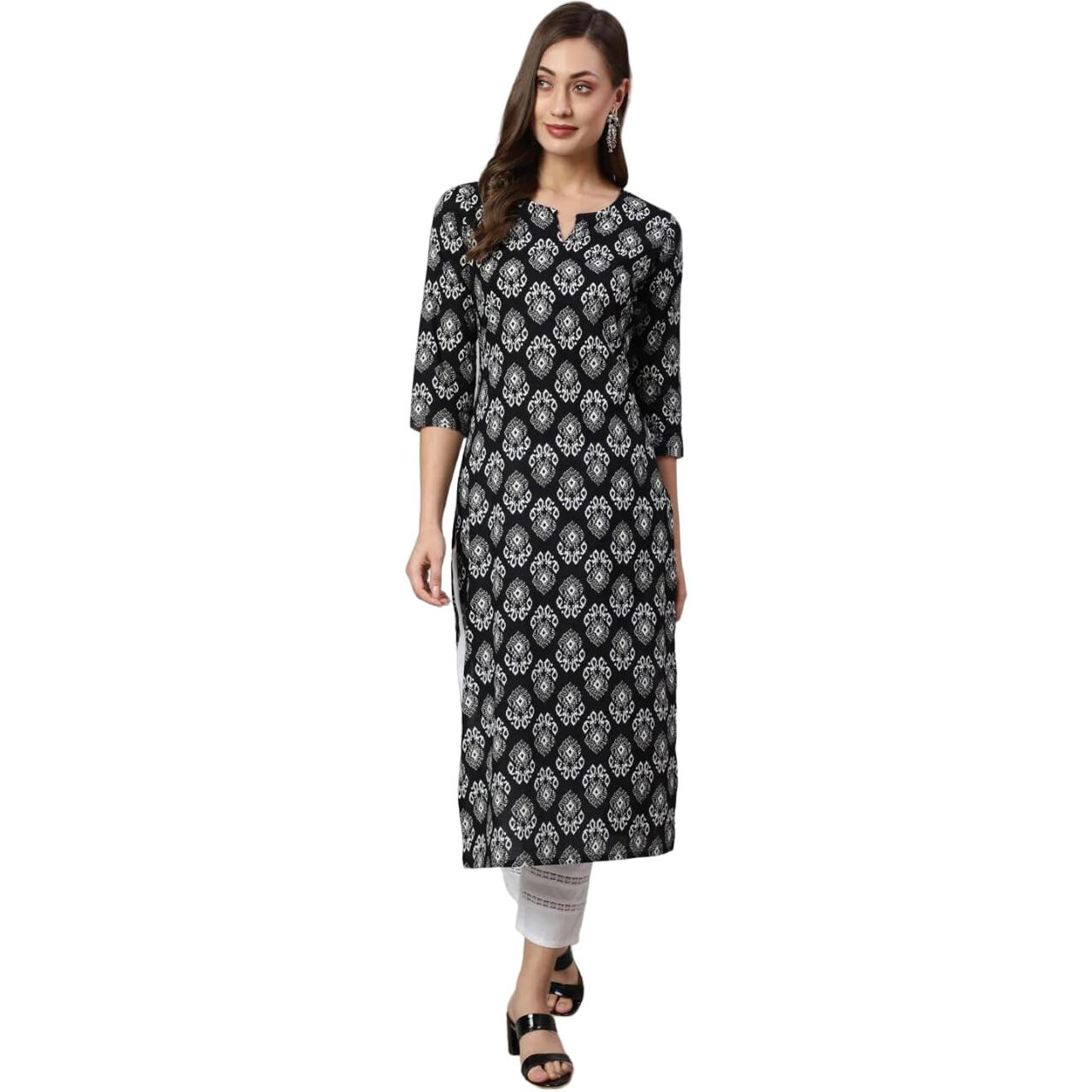 Bollyclues Women's Printed Crepe Straight Printed Kurti(BC-CO03) Black