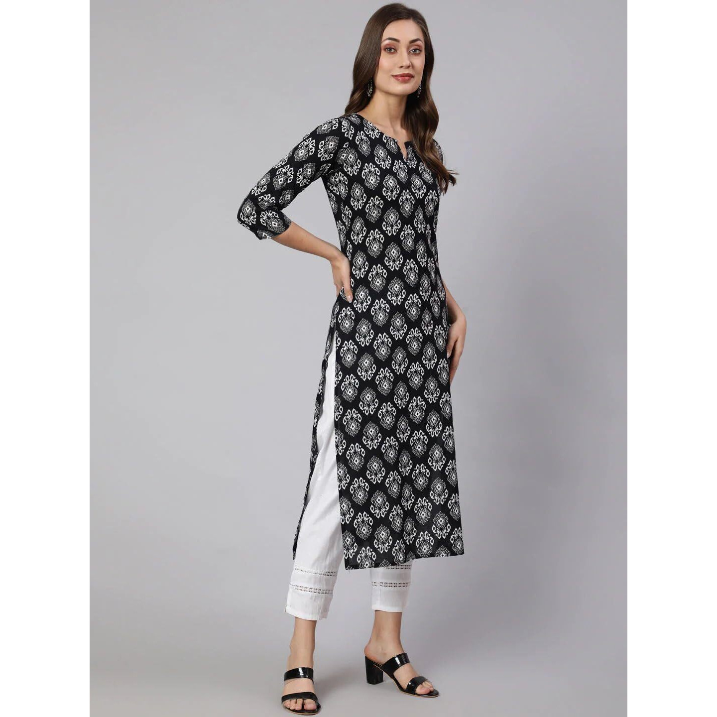 Bollyclues Women's Printed Crepe Straight Printed Kurti(BC-CO03) Black